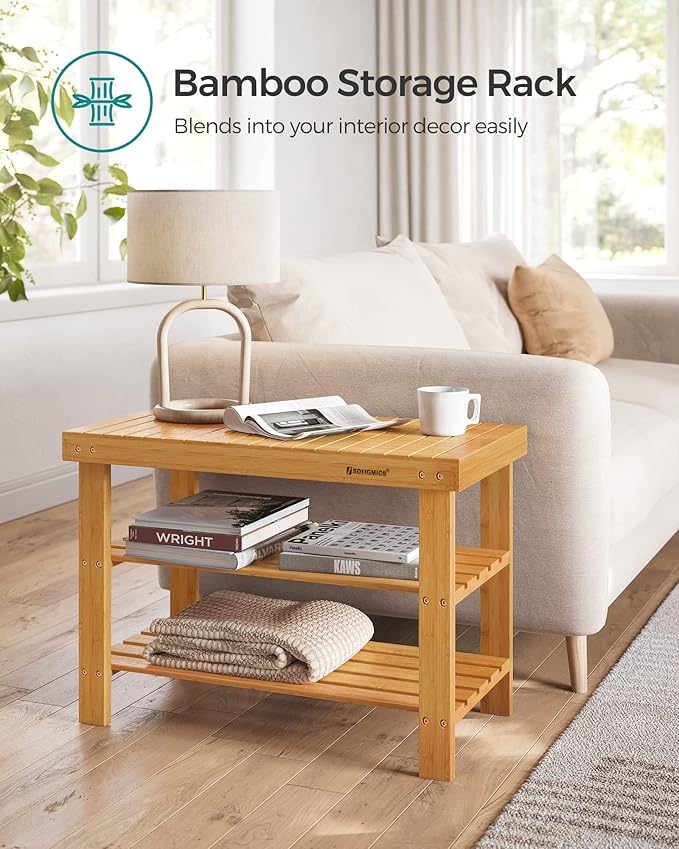 SONGMICS Shoe Rack Bench, 3-Tier Bamboo Shoe Storage Organizer, Entryway Bench, Holds Up to 286 lb, 11.3 x 27.6 x 17.8 Inches, for Entryway Bathroom Bedroom, Natural ULBS04N