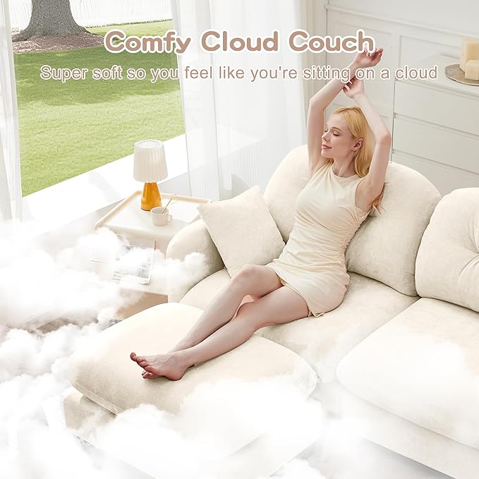 107" Sofas for Living Room, Comfy Chenille Fabric Cloud Sectional Couch, Modern Upholstered Deep Seat Sofa with Armrest Pillow, 3 Seater Couch for Small Spaces Apartment, Beige