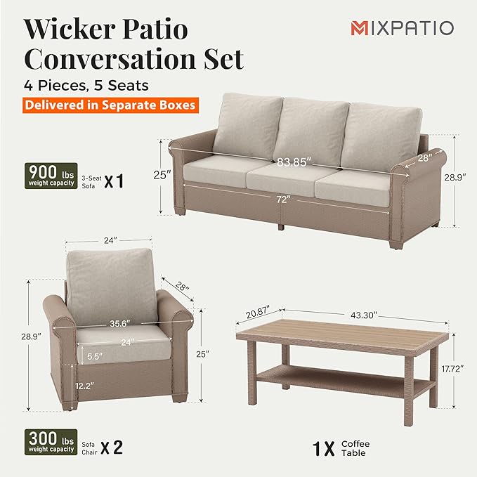Patio Furniture Set 4 pcs, Wicker Outdoor Patio Furniture, 3-Seat Sofa, 2 Single Chairs and Coffee Table, Rattan Patio Conversation Set for Backyard Deck, Beige
