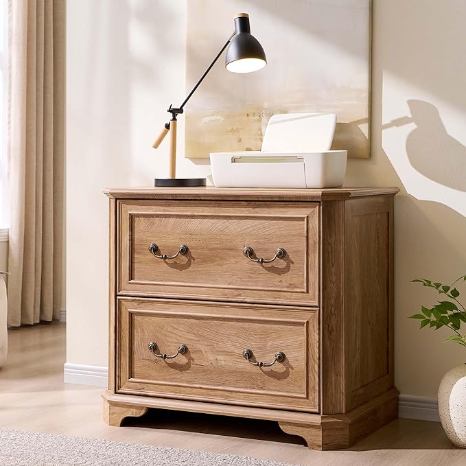 T4TREAM 34" Lateral File Cabinet with 2 Drawers, Farmhouse Filing Cabinet with 34" Wide Wooden Tabletop & Smooth Rails, Holds Letter/Legal, Hexagonal Design & Framed Drawer Fronts, Light Knotty Oak