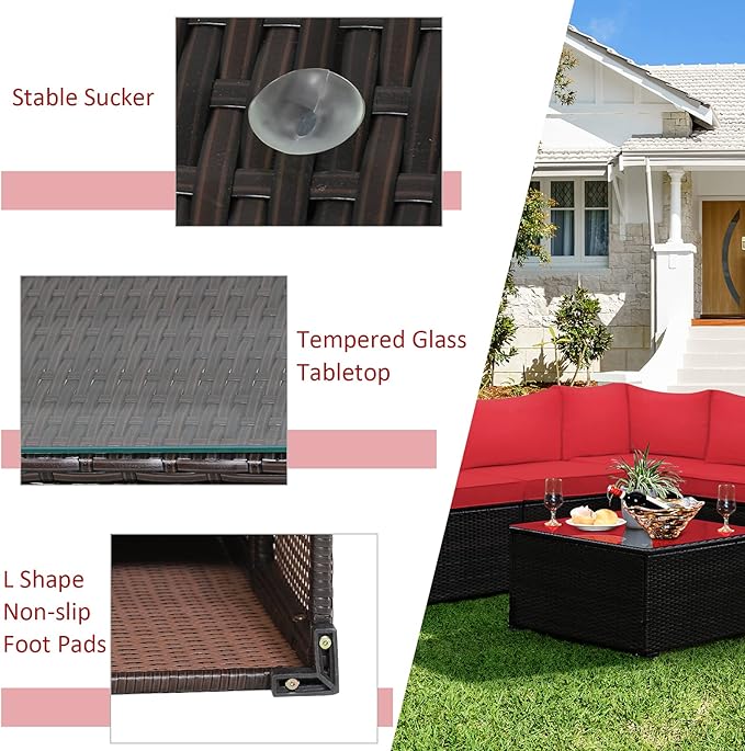 Tangkula 6 Pieces Patio Furniture Set, Outdoor Rattan Sofa Set, Wicker Conversation Set w/Tempered Glass Coffee Table & Cushions, Sectional Sofa Set for Backyard, Garden, Balcony, Poolside (Red)