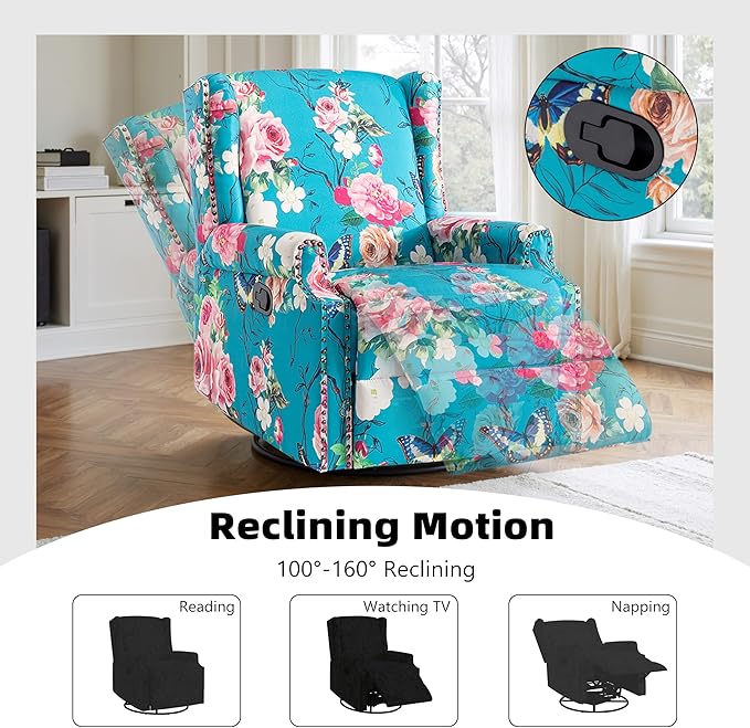 Pia Ricco Swivel Glider Recliner Chairs Set of 2, High Back Rocker Reclining Accent Chair with Smooth Manual Mechanism for Nursery, Comfortable & Quiet Upholstered Armchair Seating-Peacock Blue Rose