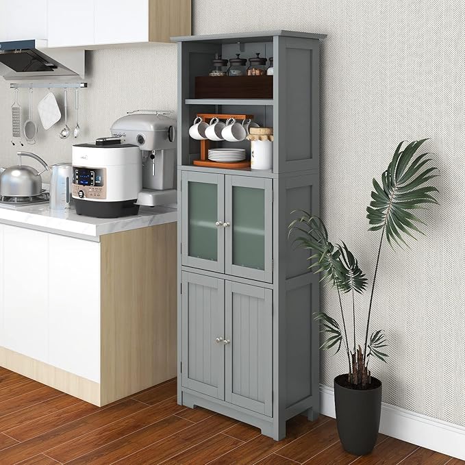 LOKO Tall Bathroom Cabinet, Modern Storage Organizer with Doors & Open Shelves, Wooden Floor Cabinet with Adjustable Shelves for Bathroom, Living Room or Kitchen (Grey)