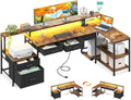 AODK L Shaped Desk with 5 File Drawers, 75" Reversible L Shaped Computer Desk with Power Outlet & LED Strip, Office Desk with Storage Shelves, Gaming Desk with Monitor Shelf, Corner Desk, Vintage