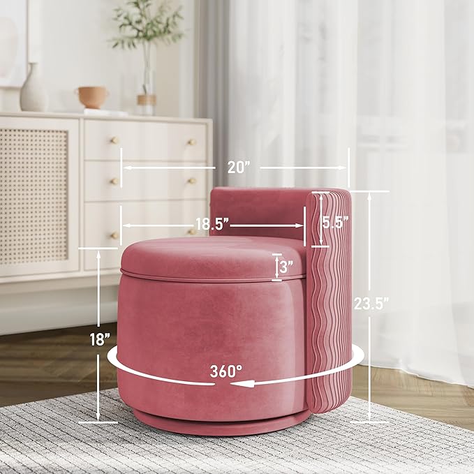 360° Swivel Accent Chair with Storage, Vanity Stool with Back, Velvet Storage Ottoman, Upholstered Round Barrel Vanity Chair for Living Room, Makeup Room, Bedroom (Dusty Rose)