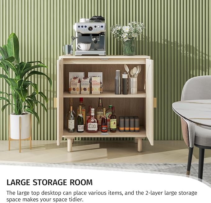 Beige Rattan Cabinet-2-Doors,Sideboard Buffet Cabinet with Storage-Accent Storage Cabinet with Cane Door, Boho Wood Credenza for Living Room, Kitchen,Dining Room or Office
