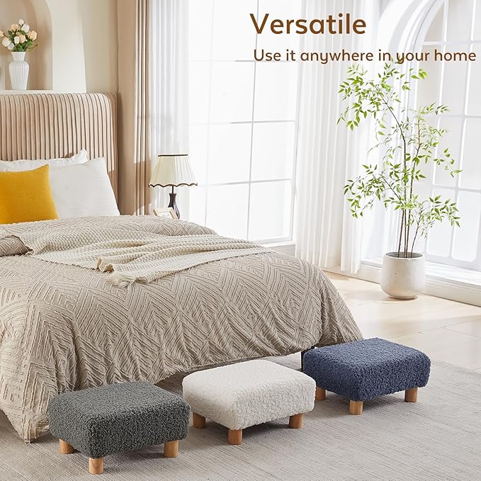 Small Foot Stool Ottoman, Sherpa Footstool Ottoman Foot Rest for Couch, Rectangle Footstools and Ottomans Small for Living Room, Entryway and Bedroom (Gray)