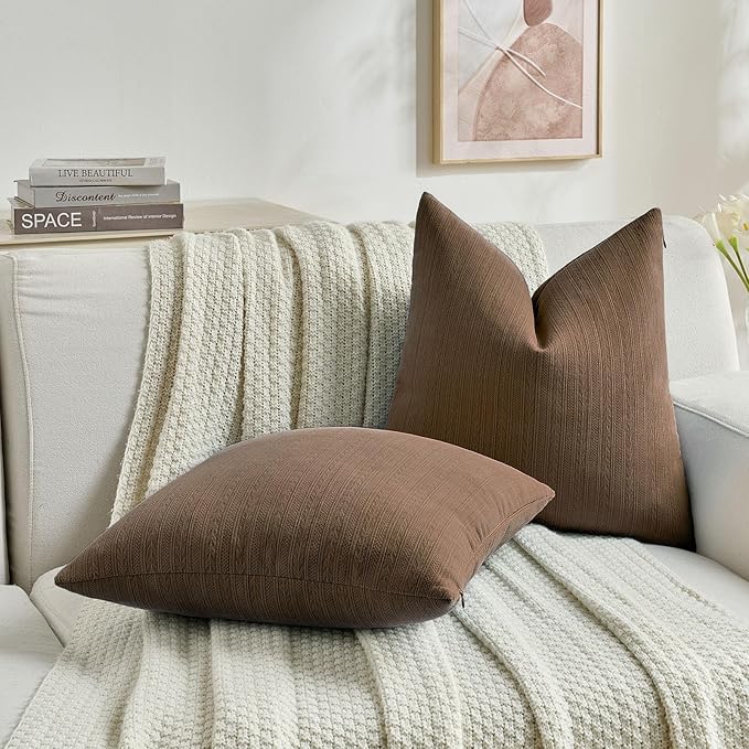 FUTEI Dark Brown Decorative Throw Pillow Covers 16x16 Inch Set of 2,Soft Cozy Wheat Ear Striped Patterns Cushion Cases,Modern Home Decor for Couch Bed Living Room