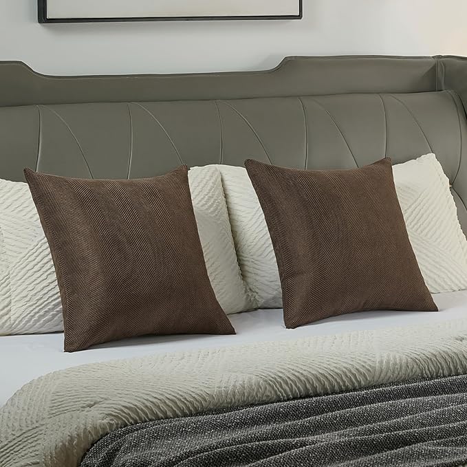 FUTEI Dark Coffee Chenille Throw Pillow Covers 18x18 Inch Set of 2,Soft Wide Chevron Textured Cushion Case,Farmhouse Home Decor for Couch Bed Living Room
