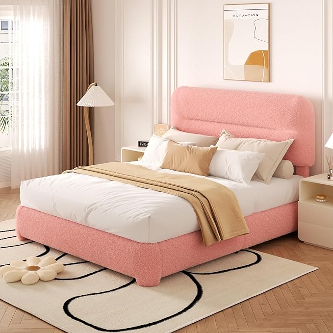 Full Size Cloud Bed Frame, Upholstered Boucle Platform Bed with Adjustable Headboard, Anti-Collision Soft Rounded Corners, Noise Free, Easy Assembly, Pink