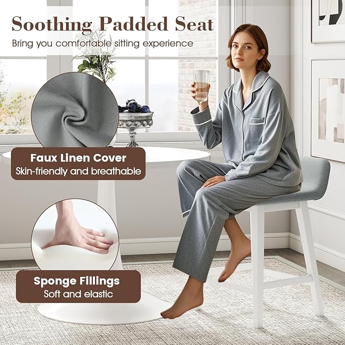 COSTWAY Wooden Counter Stools Set of 4, 24-inch Height Upholstered Padded Seat, Low Backrest, Footrest, Rubber Wood Legs, Armless Barstools for Kitchen Island, Dining Room, White+Gray