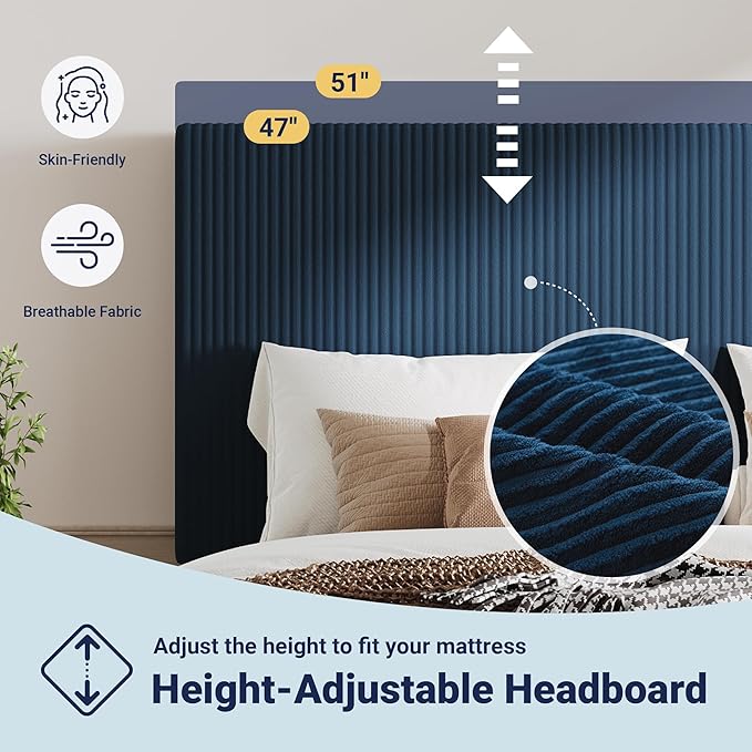 Allewie Queen Size Upholstered Bed Frame with Vertical Channel Tufted Headboard, Soft Corduroy Fabric Platform Bed, Strong Wooden Slats Support, Easy Assembly, No Box Spring Needed, Dark Blue