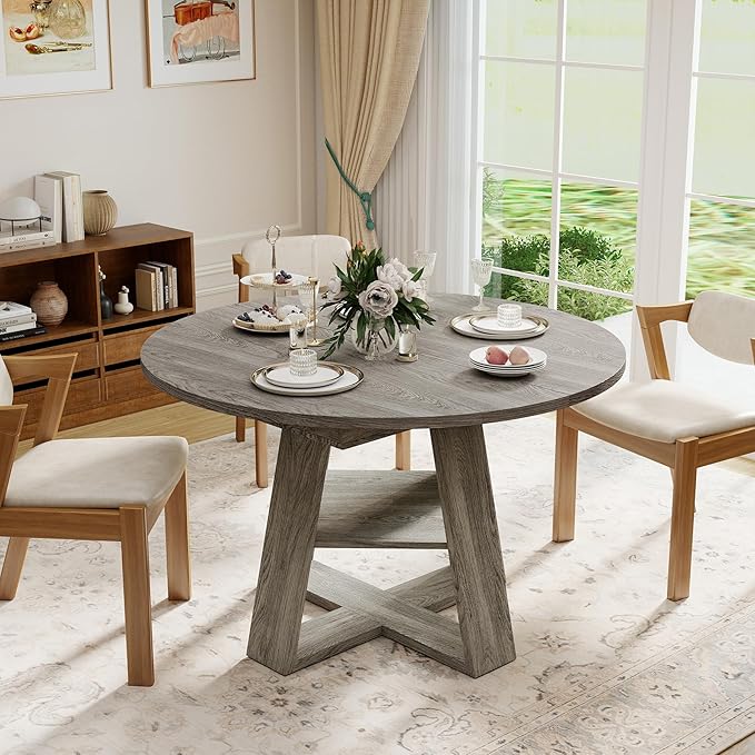 Aivermel 43.3‑59 in Extendable Oval Dining Table for 4‑6, Engineered Wood Round Dining Table with Hidden Extension Storage & Bottom Shelf, Space‑Saving Modern Kitchen Living Room Tables (Vintage Grey)