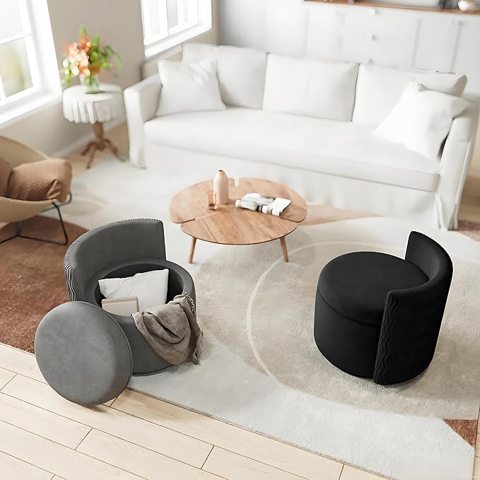 360° Swivel Accent Chair with Storage, Vanity Stool with Back, Velvet Storage Ottoman, Upholstered Round Barrel Vanity Chair for Living Room, Makeup Room, Bedroom (Black)