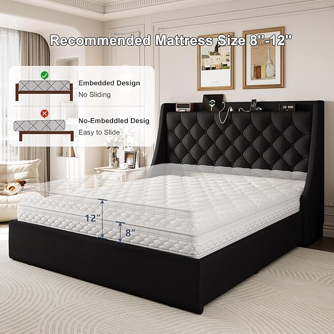 Queen Size Upholstered Platform Bed Frame with 4 Storage Drawers and Charging Station, Linen Button Tufted Wingback Headboard, Sturdy Wooden Support Slats, No Box Spring Needed, Black