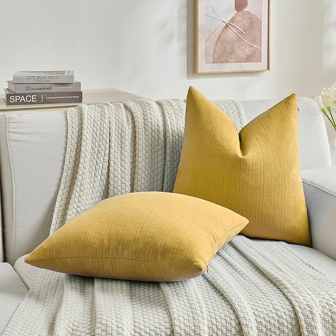 FUTEI Mustard Yellow Decorative Throw Pillow Covers 26x26 Inch Set of 2,Soft Cozy Wheat Ear Striped Patterns Euro Pillow Shams,Modern Home Decor for Couch Bed Living Room