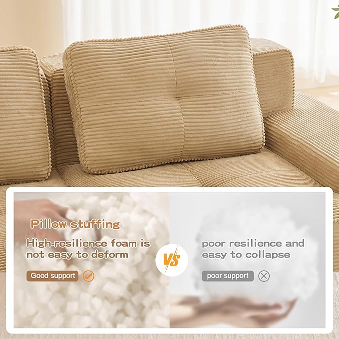 150.4” Camel Boneless Couches for Living Room, Modular Sectional Sofa with U-Shape Chaise, 4 Seater Comfy Upholstered Deep Seat Corduroy Fabric Cloud Couch No Assembly, Anti-Slip Design