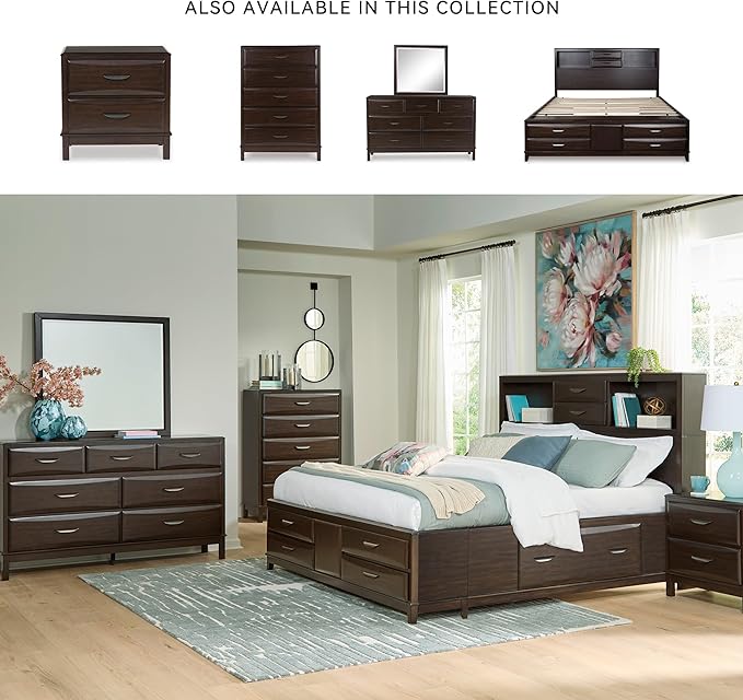 Signature Design by Ashley Vanmore Contemporary 5-Drawer Chest with Felt-Lined Top Drawer and Easy Glide for Bedroom, Dark Brown