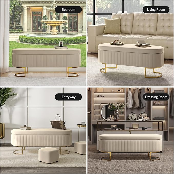 EcoHarbor Living 50.5" Storage Bench Hallway Ottoman,Upholstered End of Bed Bench Velvet with Gold Legs,Flipping Lid Entryway Footrest