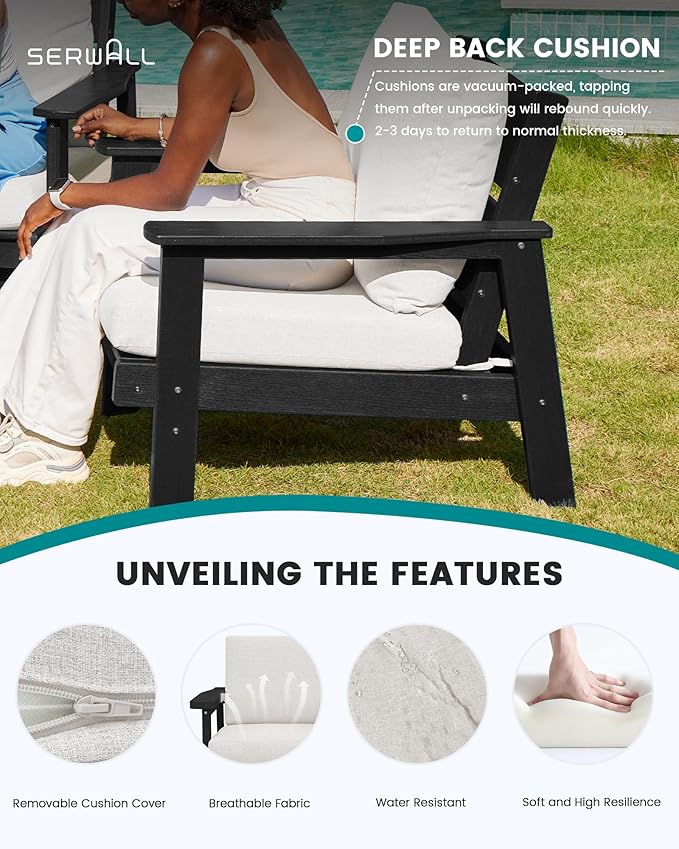 SERWALL HDPE Outdoor Furniture Set, 4 Piece Outdoor Sofa Set, Black Frame with Khaki Cushions