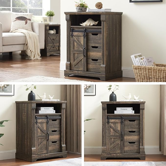 Bathroom Floor Cabinet, Farmhouse Storage Cabinet with Sliding Barn Door, Small Storage Cabinet with Drawer for Bathroom, Kitchen, Living Room, Rustic Style Cabinet (Dark Rustic Oak)