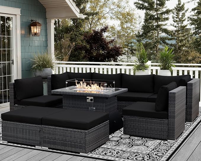NICESOUL Large Size 9 Piece Patio Conversation Set with Fire Pit Table Propane/Gas, 29.3'' High Back Outdoor Furniture Sectional Set, Heavyweight Rattan Contemporary Sofa, 2 Color Cushion Black &Gray