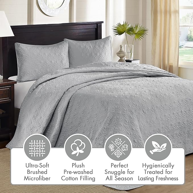 Madison Park Quebec Queen Size Quilt Bedding Set - Grey , Damask – 3 Piece Bedding Quilt Coverlets – Ultra Soft Microfiber Bed Quilts Quilted Coverlet