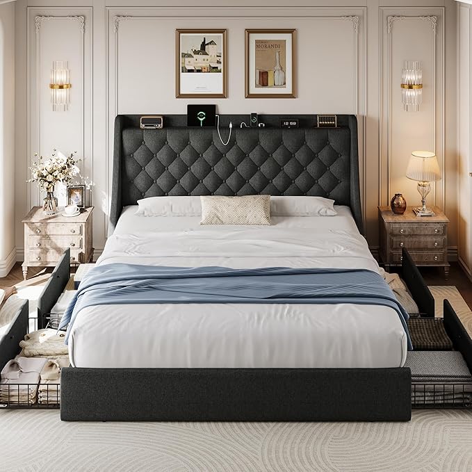King Size Upholstered Platform Bed Frame with 4 Storage Drawers and Charging Station, Linen Button Tufted Wingback Headboard, Sturdy Wooden Support Slats, No Box Spring Needed, Dark Grey