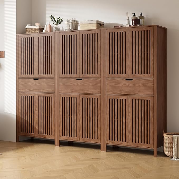 Set of 3 Rustic Brown 69" Tall Farmhouse Storage Cabinet with Drawer & Adjustable Shelves, Grille Door Organizer Unit, Anti-Tip Design for Bathroom,Kitchen,Living Room