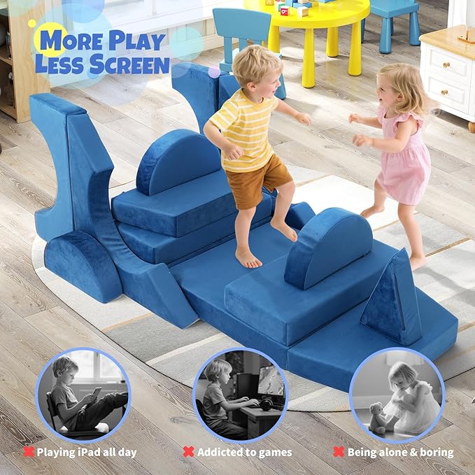 15 Pcs Modular Kids Play Couch, Toddler Couches That Fold Out, Plush Foam Chair for Children’s Playroom, Velvet Fabric Convertible Foam and Floor Cushion for Boys and Girls (Blue,27)