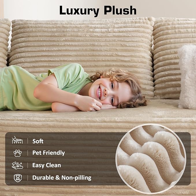 106" Cloud Sectional Couch with Chaise Lounge,L Shaped Modular Modern Sofa,Comfy Corduroy Fluffy Couches with Deep Seat,No Assembly Required Couch for Living Room(Right,Plush Corduroy,Beige)