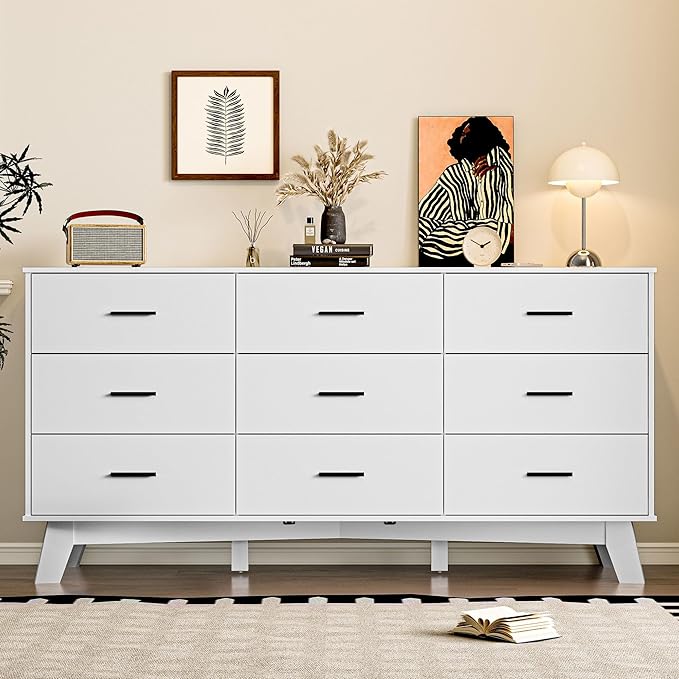 Dresser for Bedroom with 9-Drawer, 59" Wide Modern Chest of Drawers with Metal Handles, X-Shape Base & Adjustable Center Leg, Anti-Tip Closet Organizers and Storage