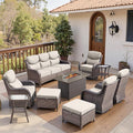Belord Luxury 6" Thick Cushioned 10 Pieces Patio Furniture Set with Fire Pit Table, Wicker Outdoor Conversation Set with High Back Swivel Rocker Chairs for Deck Porch Yard and Poolside - Brown+Beige