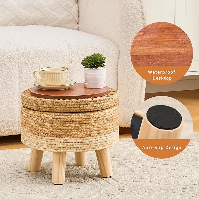 Cpintltr Storage Ottoman Poufs Handwoven Footstool Natural Seagrass Round Footrest Stool with 4 Wood Legs Soft Padded Outdoor Seat for Hallway Lounge Bedroom Garden