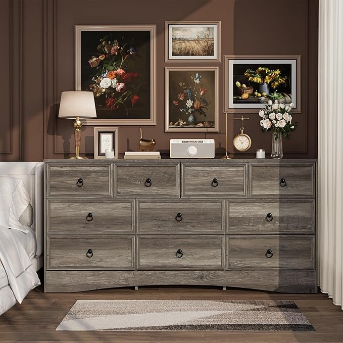 Farmhouse 10 Drawer Dresser for Bedroom – 63'' Long Dresser Wood Chest of Drawers,TV Stand for 75 inch TV, Storage Organizer Furniture, Hallway, Entryway, Closet, Brownish Grey