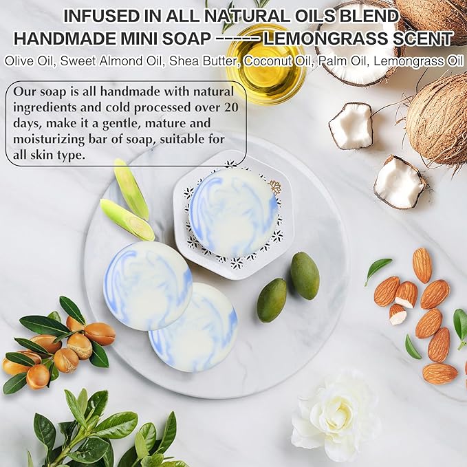 14 Pack 25 g Travel Size Soap Lemongrass Scented, Individually Wrapped 4-In-1 Handmade Hotel Mini Soap Bars with Olive Oil, Shea Butter, Soothe and Moisturize, Eco-Friendly, 0.88 oz