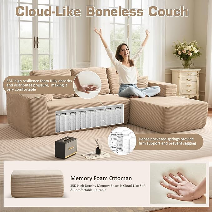 106" Cloud Sectional Couch with L-Shape Chaise & Ottoman, No Assembly Modular Sofa, Deep Seat Corduroy Boneless Couched for Living Room (Camel Stripe Corduroy, Right Facing Chaise with Ottoman)