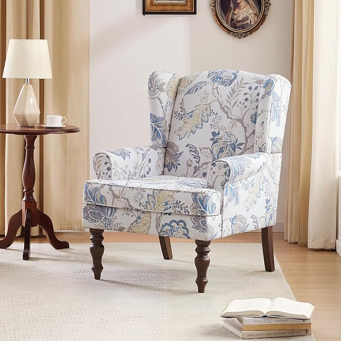 HUIMO Living Room Chair Upholstered High Back Armchair Retro Printed Wingback Chair in Linen for Bedroom & Study Comfy Accent Sofa Chair Reading Chair Holds 300lbs (Navy Blue) (1, Blue Floral)