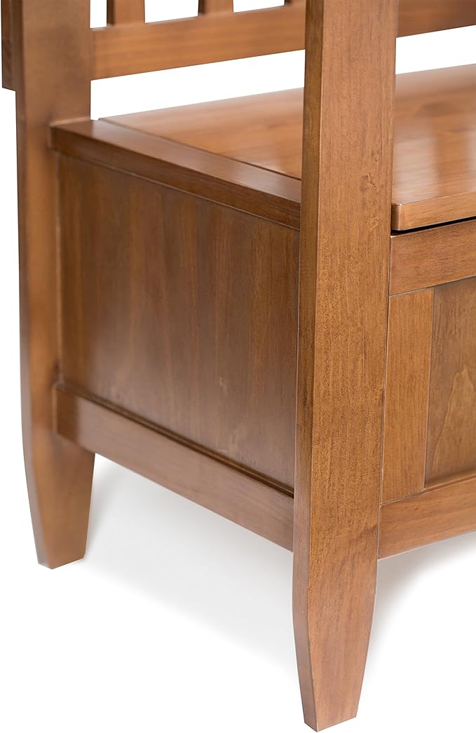 SIMPLIHOME Brooklyn Entryway Storage Bench - 48 inch Wide Solid Wood Storage Seat in Medium Saddle Brown, Contemporary Bench for Entryway or Living Room with Lift-Up Lid and Slatted Backrest