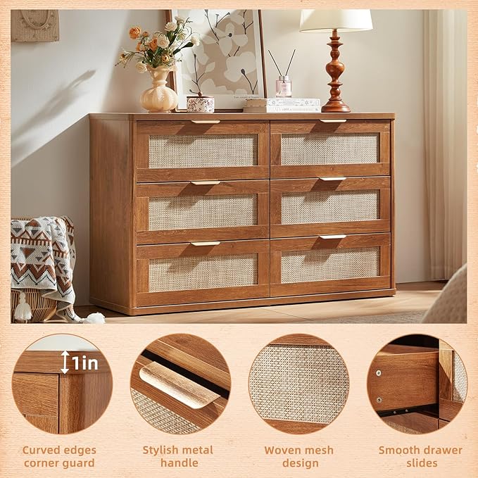LEYAOYAO Rattan Dresser for Bedroom Set of 2, Boho 48" Wide 6 Drawer Dresser Chest of Drawers, Wood Dressers TV Stand with Metal Handle, Storage Dressers Closet Organizer for Living Room, Hallway