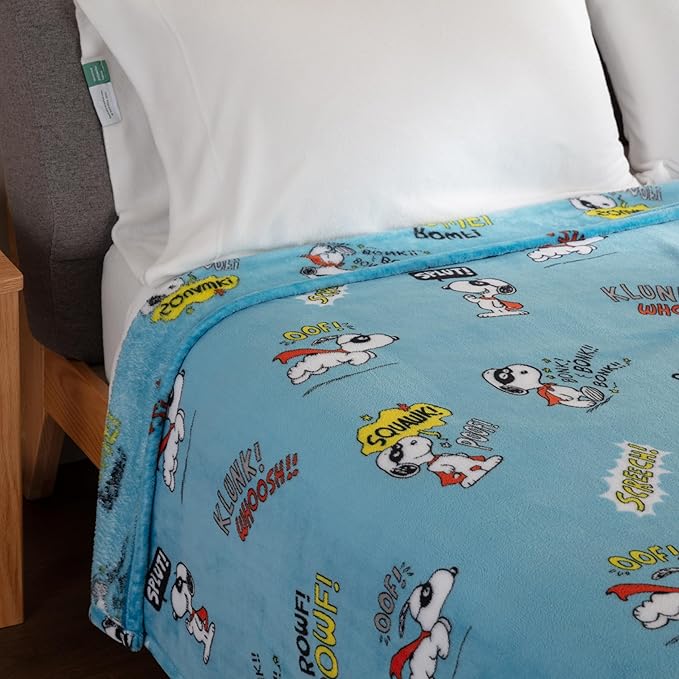 Berkshire Blanket Peanuts® VelvetLoft® Cute Character Snoopy Plush Blanket,Peanuts Large Masked Marvel Toss Happy Blue,Full/Queen 90 in x 90 in (Official Peanuts® Product)
