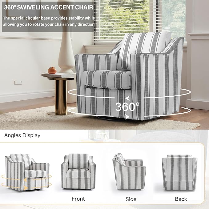 UIXE Swivel Accent Chair, Fabric Upholstered Arm Chair for Living Room, Modern Club Armchair Comfy Single Sofa Bedroom Reading Seat with Lumbar Pillow - Stripe Gray