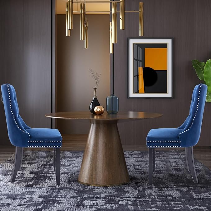 Velvet Upholstered Dining Chairs Set of 2, Modern Style Kitchen Side Chairs with Nailhead Trim and Wood Legs,Metal Pulling Ring for Dining Room Living Room(Blue,Set of 2)