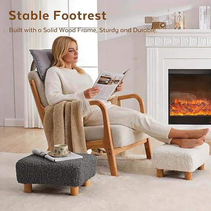 Small Foot Stool Ottoman, Sherpa Footstool Ottoman Foot Rest for Couch, Rectangle Footstools and Ottomans Small for Living Room, Entryway and Bedroom (Gray)