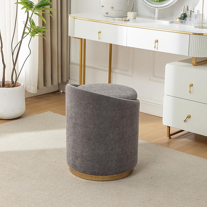 Swivel Vanity Stool with Gold Base Comfy Vanity Chair Modern Round Stool for Makeup Vanity Ottoman Foot Rest for Bedroom livingroom (Dark Gray)