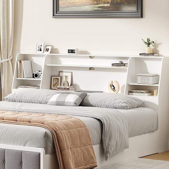 King Size Headboard Only for Bed, Wood Bookcase Headboard with Charging Station & 2 LED Lights, Modern King Bookshelf Headboard with Storage, Noise-Free, Sturdy and Durable, White