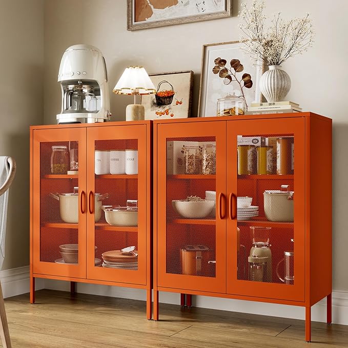Orange Metal Cabinet,Bathroom Floor Storage Cabinets,40" H Small Orange Locker Cabinets with 2 Adjustable Shelves & 2 Doors