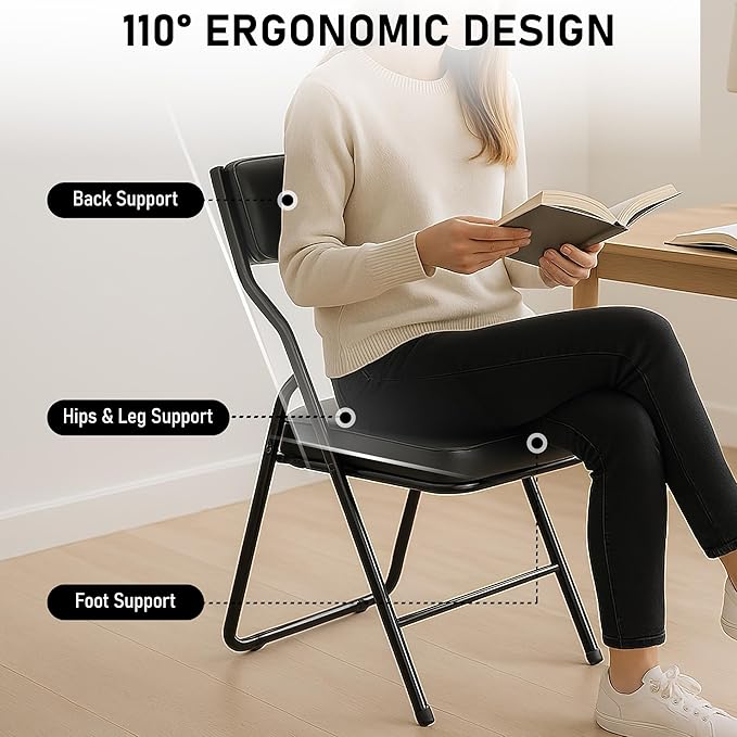 2 Pack Padded Folding Chairs with Cushion, Foldable Dining Chair Set Portable Indoor Outdoor Stackable Folding Chairs with Steel Frame for Home Office Events Wedding Party Black