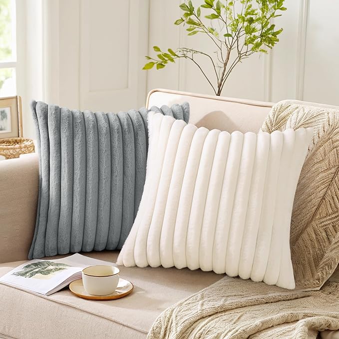 Pallene Faux Fur Plush Christmas Throw Pillow Covers 20x20 Set of 2, Luxury Soft Fluffy Striped Decorative Pillow Covers for Sofa, Couch, Living Room, Cream White