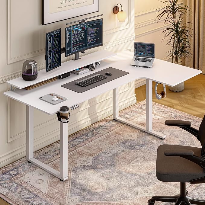 L Shaped Standing Desk, 63x43'' Electric L Stand Up Desk with 2 Adjustable Monitor Shelves, Dual Motor and Memory Controller, Adjustable Height from 28-46'' for Home and Computer Workstation, White